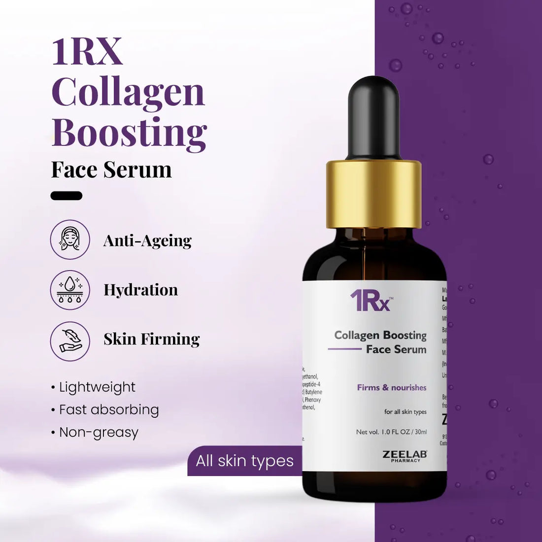 ZEELAB 1RX Collagen Boosting Face Serum | Niacinamide, Vitamin C, Hyaluronic Acid & Peptide Complex | Anti-Aging & Skin Firming | 30ml