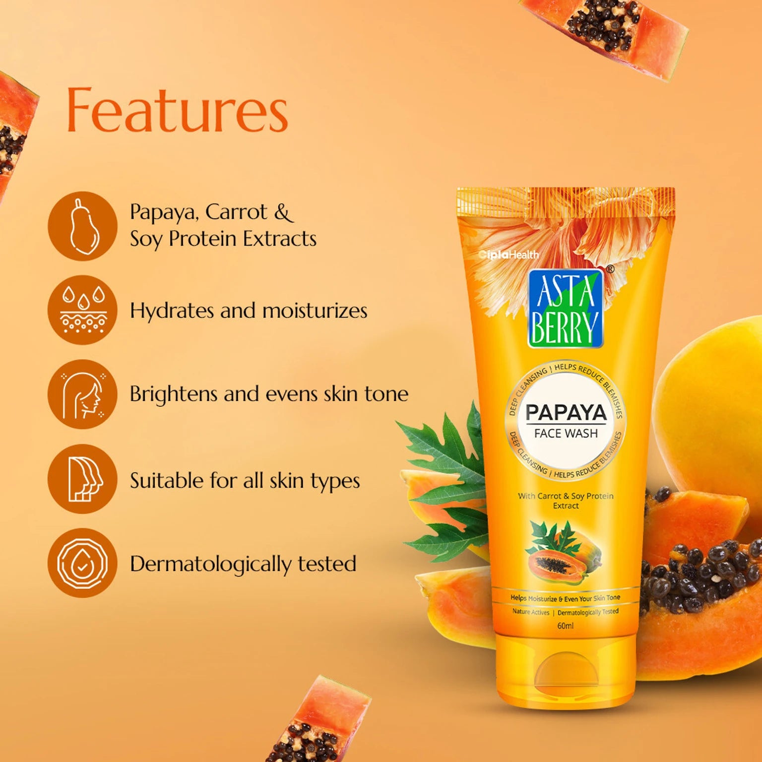 Astaberry Papaya Face Wash | Brightening & Deep Cleansing Face Cleanser for Glowing Skin | Removes Dirt & Excess Oil | 60ml