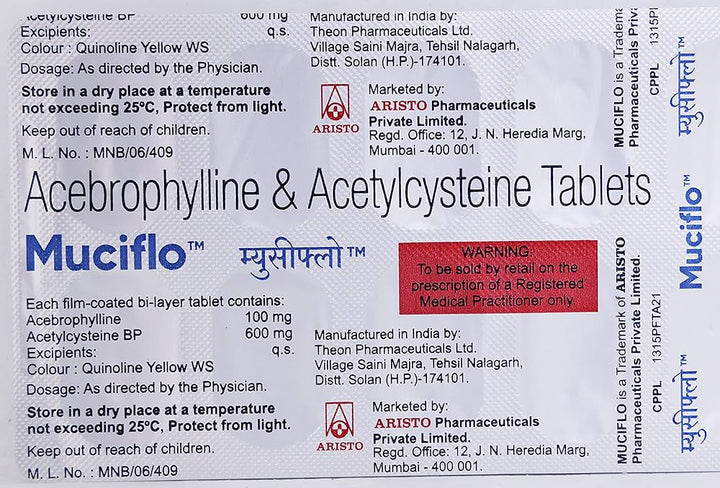 Acebrophylline 100mg + Acetylcysteine 600mg Tablets, 10 Tablets