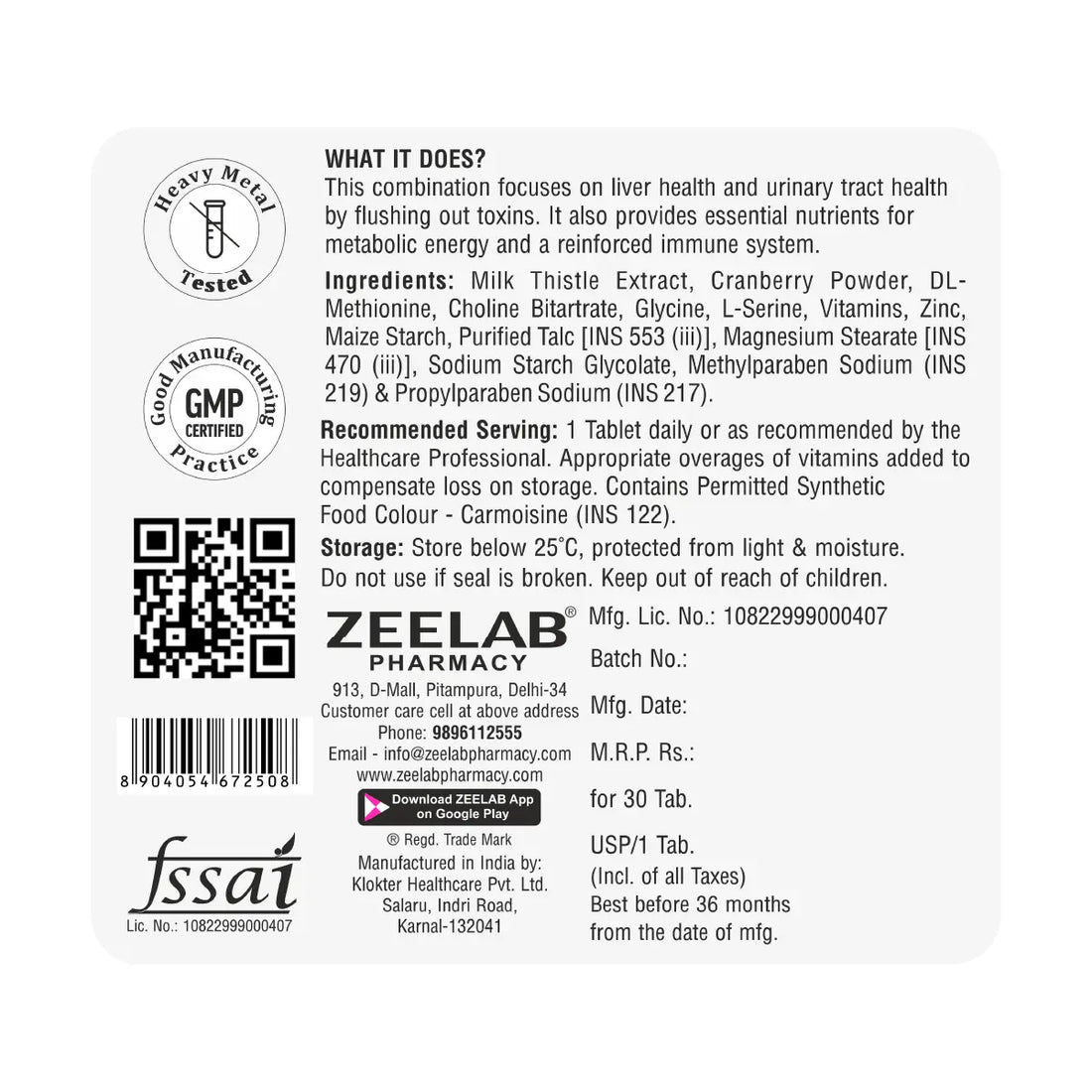 ZEELAB PeakRx Milk Thistle+ Tablets | Milk Thistle, Cranberry Powder, Zinc & Vitamins for Liver, Kidney & Immune Health